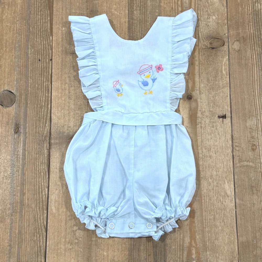 Vintage Baby Blue Duck Embroidery Ruffle Sunsuit Bubble Romper 18M Cherubs